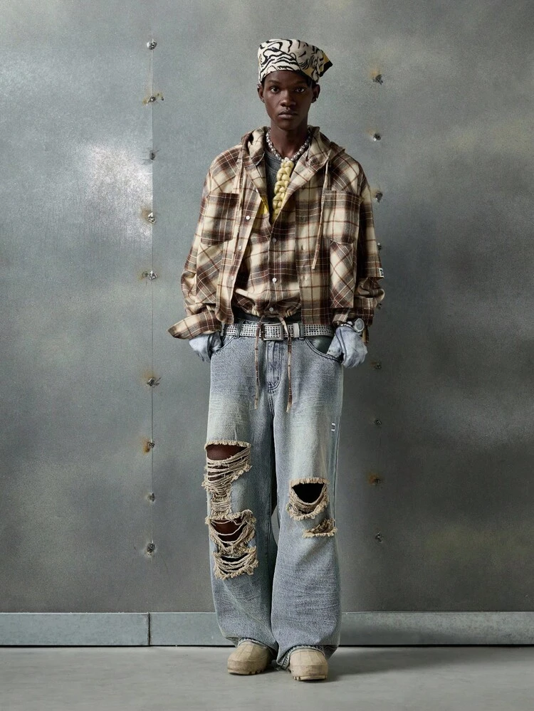 Men's Casual Distressed Wide Leg Jeans, Emo Style