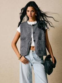 Poéselle Áo len dệt kim cổ tròn đơn sắc, túi đôi, hàng khuy đơn dành cho nữ, thời trang thu đông - Màu Xám nhạt - Xem 7