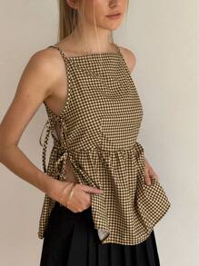 Jouncy 女式夏季休闲格子系带无袖短款侧开衩上衣