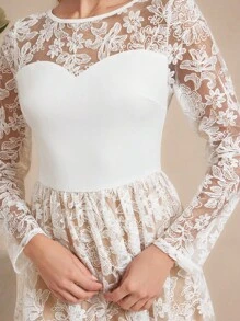 Amorya Vestido midi de manga larga con cintura entallada, bordado de encaje, de nueva temporada de otoño para mujer. De alta gama, estilizador, adecuado para uso diario y diversos eventos