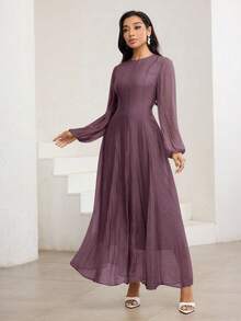 Veilorie 3/4 袖高领腰部褶饰优雅百搭连衣裙 - 紫色 - 查看 3