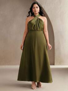 Anewsta Vestido elegante plus size verde com cintura marcada e decote halter, fluido, vestido slim de alta qualidade para o verão, férias, casual, elegante, festival, convidado de casamento - Verde - Ver 4