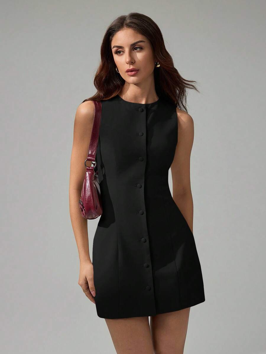 SHEIN Tall Women Solid Color Round Neck Elegant Sleeveless Mini Dress Black Sleeveless Dress - Black - View 1