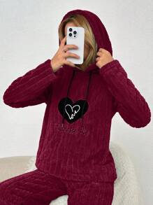 EURMUSE Women's Autumn/Winter Warm Heart & Letter Embroidered Drawstring Hoodie Sleepwear Top - Burgundy - View 4