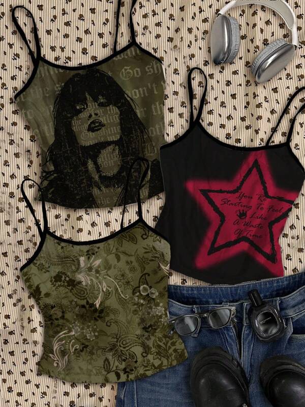 Attitoon 3 Pieces: 1pc Olive Green Paisley Pattern Rocker Woman Portrait Top, 1pc Black & Red Contrast Star Letter Print Cami, 1pc Vintage Chic Coconut Girl Boho Music Festival Sexy Strap Tank Top, Casual Vacation Style