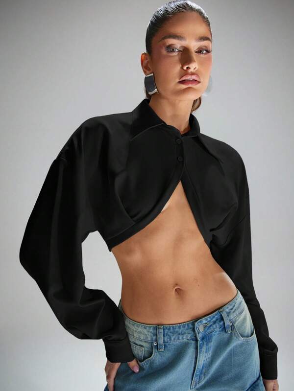 Denimoi Super Cropped Collared Button Up Shirt