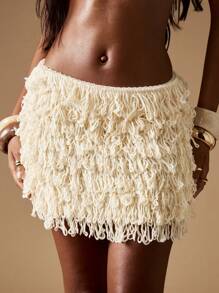 MISSGUIDED Saia Curta com Franjas em Laço, Texturizada, Boêmia, Camadas, Fio Macio, Casual, Dança, Férias, Praia, Festival, Festa, Clube - Damasco - Visão 3