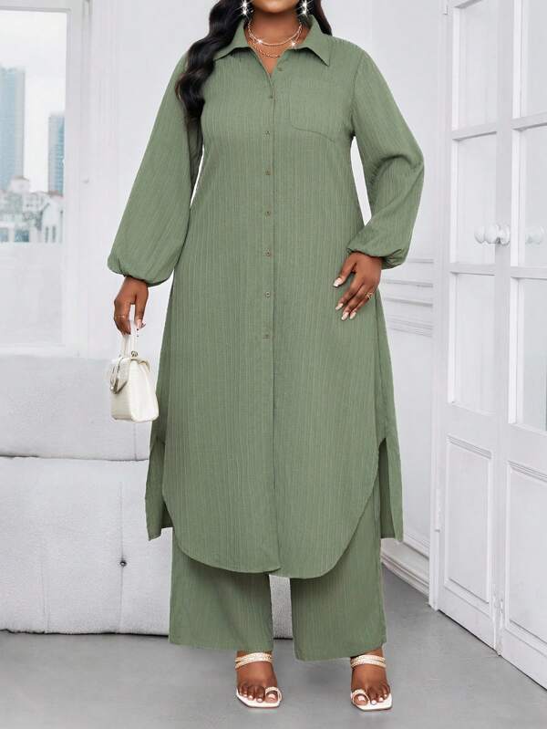 SHEIN Lady Autumn And Winter Casual Elegant Work Military Green Woven Shirt Collar Bishop Sleeve Pocket Long Long Sleeve Plus Size Co-Ords Office Outfits For Women Lounge Sets For Women Fall Women Clothes Winter Clothes For Women Church Outfits Women Business Casual Winter Clothes Autumn Clothes