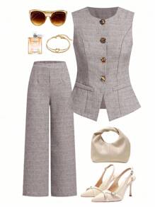 Gownix French Style Women Business Casual Sleeveless Waistcoat With Metal Buttons, Work Wear - Grey - View 7