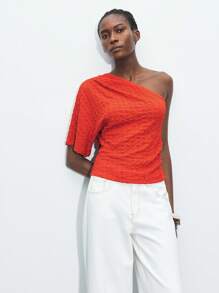 Maija Women's Orange Asymmetrical Neck Side Ruched Design Summer, Urban Casual Slim Fit Shoulder Ruched Front & Side Hem Pullover Top, Suitable For St. Patrick's Day, Spring Break, Easter - Coral Orange - View 6