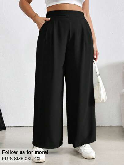 Auralis Women's Plus Size Wide Waistband Black Wide Leg Pants