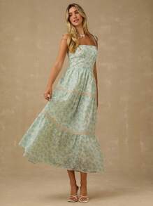 Enchnt Vestido de tirantes con volantes y estampado floral diminuto para mujer, conjunto elegante de vacaciones