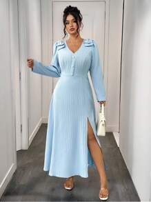 Elenzga Damen Große Größen Kleid mit V-Ausschnitt, schulterfrei mit Schleife, Taille gerafft, Perlenknöpfe, elegant und stilvoll - Verschiedenfarbig - Übersicht 8