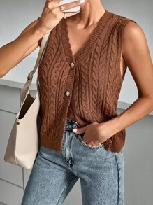 EURMUSE Women Button Front Cable Knit Sweater Vest - Brown - View 1