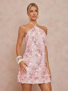 Lumalex Vestido corto con bajo asimétrico, bordado floral de lentejuelas y espalda descubierta para mujer