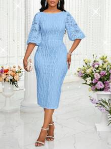 SHEIN Lady 女士中长款连衣裙，时尚夏季生日和活动连衣裙/办公室连衣裙/教堂连衣裙/婚纱/节日连衣裙/白色连衣裙商务休闲女士婚礼宾客连衣裙女士连衣裙夏季女士热带连衣裙非洲女士服装女士办公室连衣裙女士连衣裙工作女士连衣裙毕业礼服/优雅连衣裙/节日服装/节日 - 藍色 - 查看 3