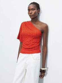 Maija Women's Orange Asymmetrical Neck Side Ruched Design Summer, Urban Casual Slim Fit Shoulder Ruched Front & Side Hem Pullover Top, Suitable For St. Patrick's Day, Spring Break, Easter - Coral Orange - View 4
