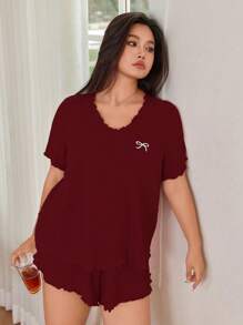 SHEIN Sweet Ruffle Edge Bow Embroidery Casual Home Pajama Set