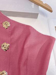 Franclia 时尚优雅百搭S型简约性感不对称领口金属扣装饰女式衬衫，春夏粉玫瑰色大学风服装 - 玫紅色 - 查看 3