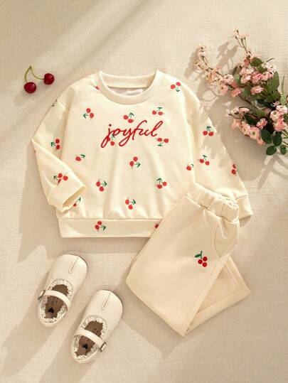 SHEIN 女婴春秋樱桃刺绣圆领运动衫和纯色慢跑裤休闲运动两件套