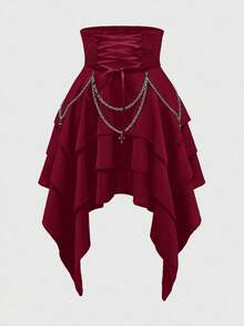 ROMWE Goth 复古哥特式高腰可拆卸金属链超高腰束腹带不对称多层下摆女式裙子，万圣节 - 紅色 - 查看 1