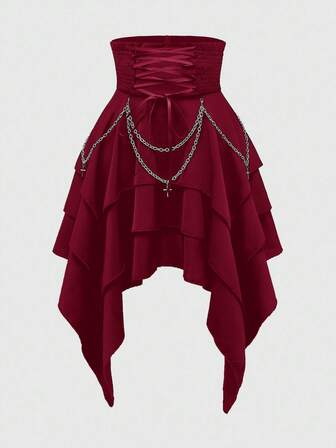 Goth Jupe gothique vintage à taille haute avec chaîne métallique amovible, taille super haute, ourlet asymétrique multicouche pour femmes, Halloween