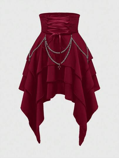 Jupe gothique vintage à taille haute avec chaîne métallique amovible, taille super haute, ourlet asymétrique multicouche pour femmes, Halloween