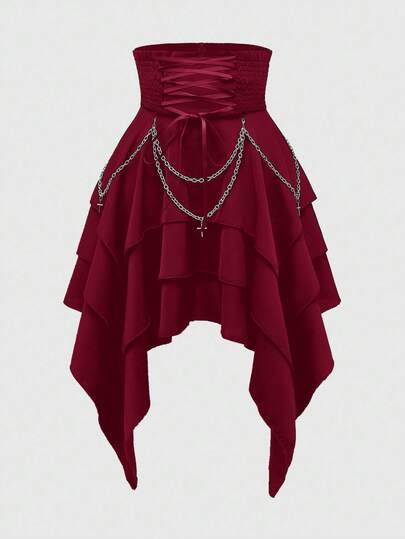 ROMWE Goth 复古哥特式高腰可拆卸金属链超高腰束腹带不对称多层下摆女式裙子，万圣节