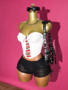 Slaydiva New Summer Casual Street Commuter Y2K Daily Date Tie Print Lapel Heart Collar Tube Top Arc Hem White Top + Cow Blind Knitted Shorts Mini Pants Black Pants Women's Two Pieces Set-B - Multicolor - View 9