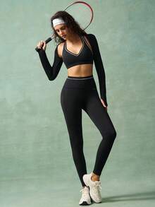 VARSIVA 女式露背挂脖长袖上衣和运动紧身裤套装 - 黑色 - 查看 4