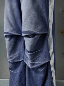 NEON BLANC Men's Casual Washed-Out Contrasting Stripe Wide-Leg Jeans, Emo Style - Blue - View 5