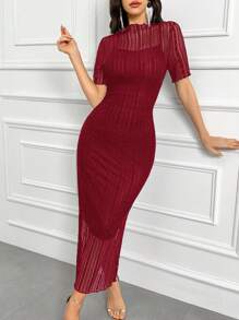 Modelyn Contrast Lace Split Back Elegant Dress For Summer Long Evening Dresses - Burgundy - View 4