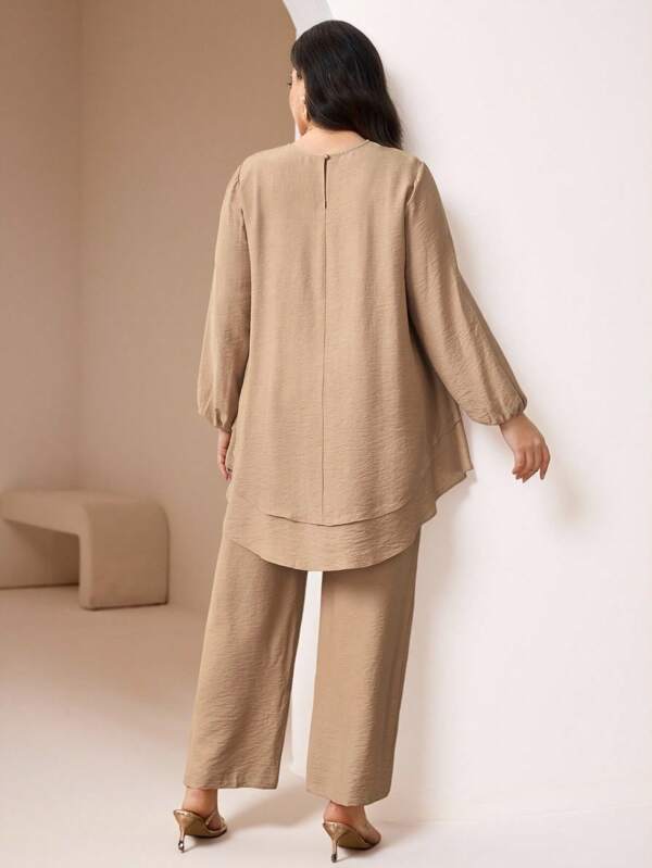 Veilorie 2pcs Plus Size Set - Solid Color Lantern Sleeve Top & Pants