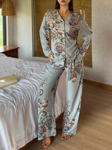 DAZY 满版花卉印花女式睡衣套装、家居服、秋装 - 藍色 - 查看 5
