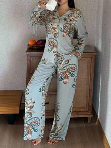 DAZY 满版花卉印花女式睡衣套装、家居服、秋装 - 藍色 - 查看 7