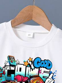 Young Boys' Good Game Day Print Round Neck Short Sleeve White T-Shirt And Blue Woven Shorts 2-Piece Set Kids Summer Sets Boy, School, Campus, College