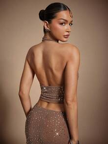 Hauture Sexy Summer Party Night Out Nude Mesh Hot Fixed Rhinestone Embellished Fitted Cowl Top