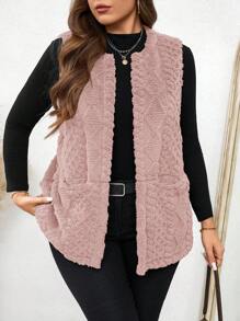 SHEIN LUNE 大码女式休闲毛绒纹理双口袋前开背心，适合秋季大码秋装女式粉色背心女式毛绒背心粉色开衫背心女式无袖开衫女式背心仿皮草背心 - 藕粉色 - 查看 5