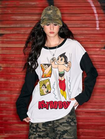 Astro Boy X ROMWE Sciarpa a T ampia con motivo a blocchi di colore grafato a cartoone per donne