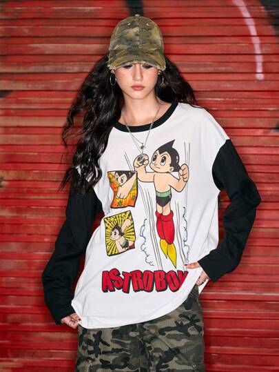 Astro Boy X ROMWE Damen Cartoon Grafik Farbblock Langarm Loose T-Shirt