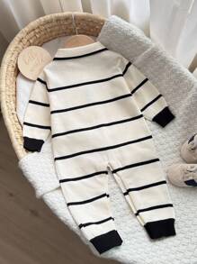 SHEIN Newborn Baby Boy/Girl Cute Colorblock Striped Long Sleeve Polo Collar Sweater Romper, Fall/Winter