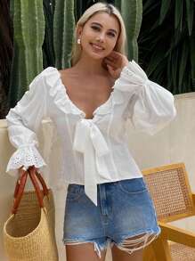 Livesso Women's Summer Backless Lace Patchwork Blouse,Babydoll Top Long Sleeve Top Vacation Boho - Beige - View 4