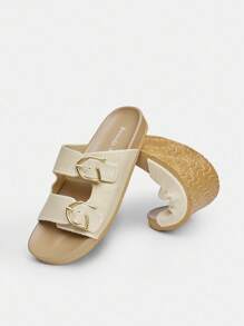 Fashionable Women's Adjustable Buckle Flat Slide Sandals - Beige - View 8