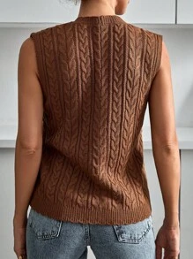 EURMUSE Women Button Front Cable Knit Sweater Vest - Brown - View 2