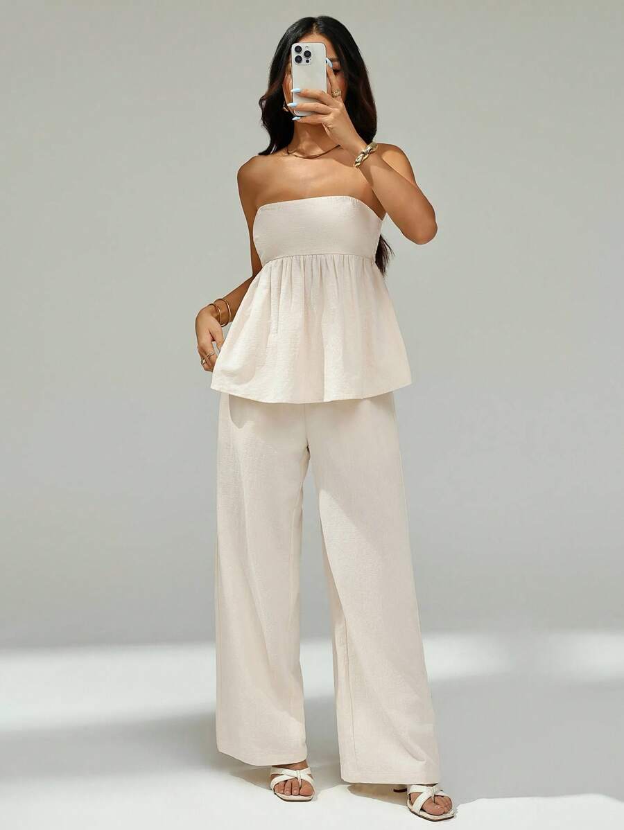 SHEIN PETITE 2件套女士纯色荷叶边下摆吊带背心上衣和裤子套装 - 米色 - 查看 1