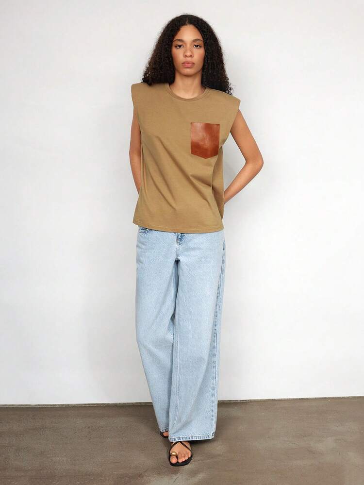 SHEIN Maija Khaki Faux Leather Splicing Padded Shoulder Bezrękawnik damski, wygodny przyjazny dla skóry, modny, uniwersalny, dopasowany krój, codzienny, codzienny krój