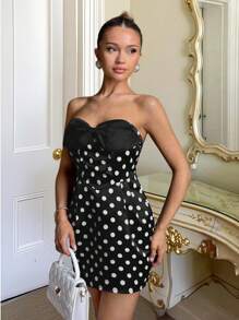Glamine Black Polka Dot Sleeveless Bodycon Vintage Sexy Woven Short Dress For Women Fall Women Clothes Back To School - Black - View 3
