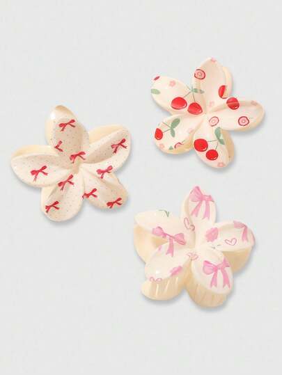 Kawaii 3pcs Cute Girl Cherry Blossom & Bow Floral Medium Sized Hair Clip, Bohemian Beach Style Decor, Suitable For Everyday Use