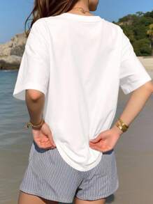 Jouncy Women's Summer Beverage Letter Print Short Sleeve T-Shirt And Striped Shorts Casual 2 Pieces Set