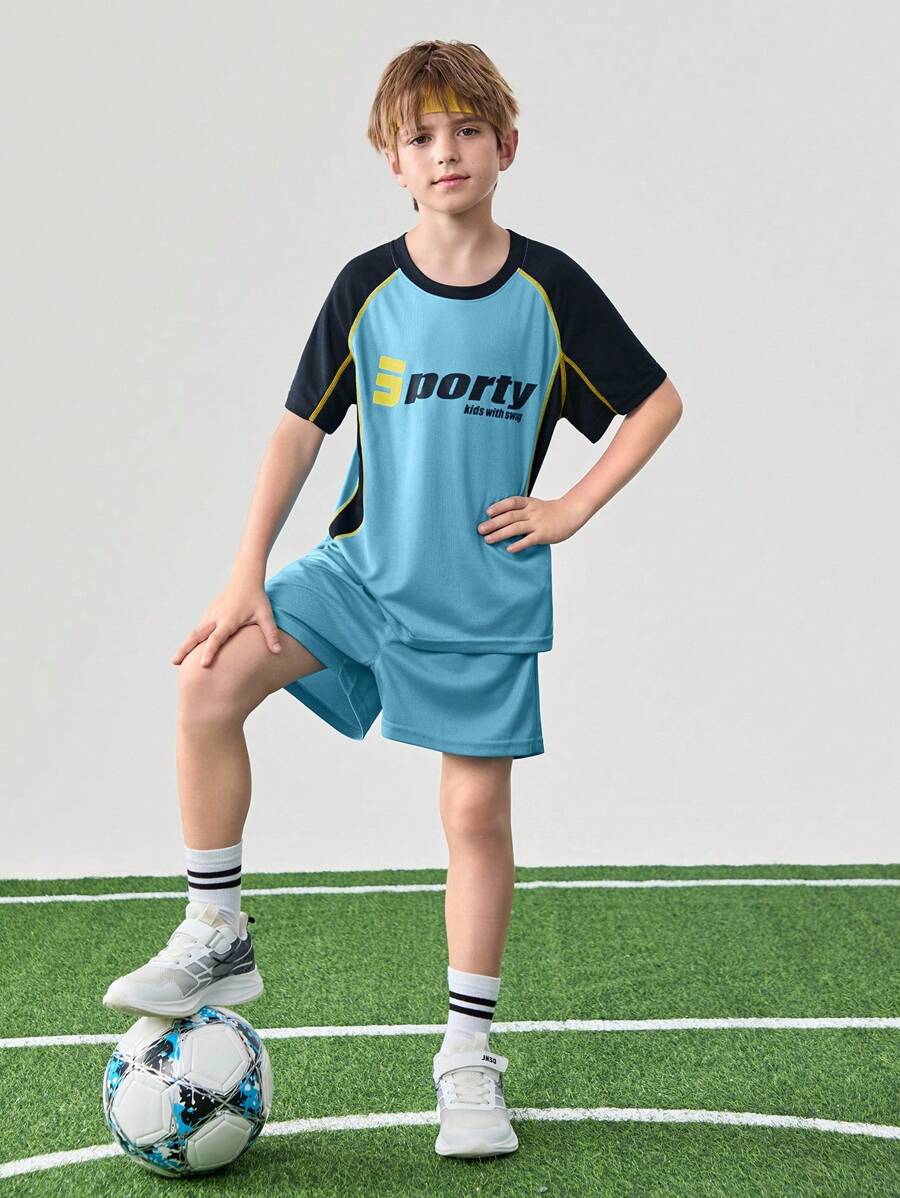 Back To School Outdoor Sports Short Sleeve & Shorts Set, Kids Colorblock Graphic Print Short Sleeve T-Shirt & Shorts Set - Blue - View 1